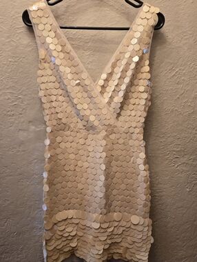 NWT BCBGMAXAZRIA Kenzie Sequin Disc Dress Nude Champagne Mini Size 0